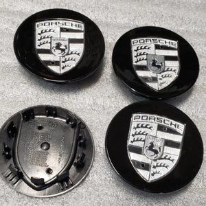 4 Black Silver 65MM Porsche Wheel Rims Center Caps Porsc…# 95B601150A